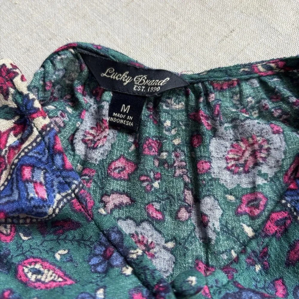 Lucky Brand Boho Blue Peasant Top Women’s M – 3/4 Sleeve - Picture 2 of 8